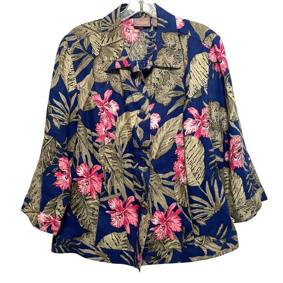 Chico's Tropical Linen Button Topper Size 2 (Womens Large) Blue & Pink Hawaiian - Picture 1 of 6
